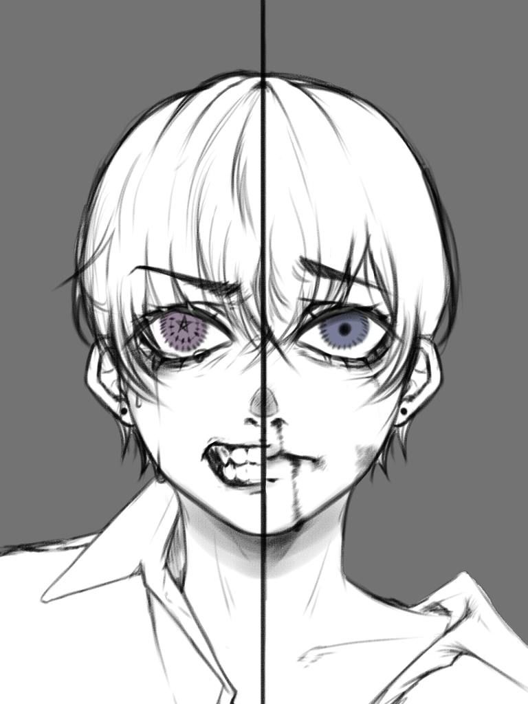 Face split down the centre line into two halves, one snarling with bared teeth, the other calm, on a grey ground.