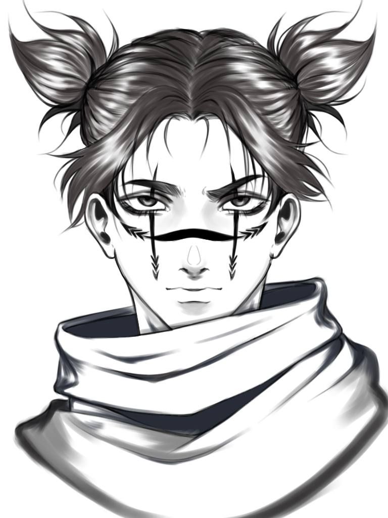 Figure with hair in two buns and arrow markings under the eyes, wearing a heavy cowl neck, rendered in greyscale.