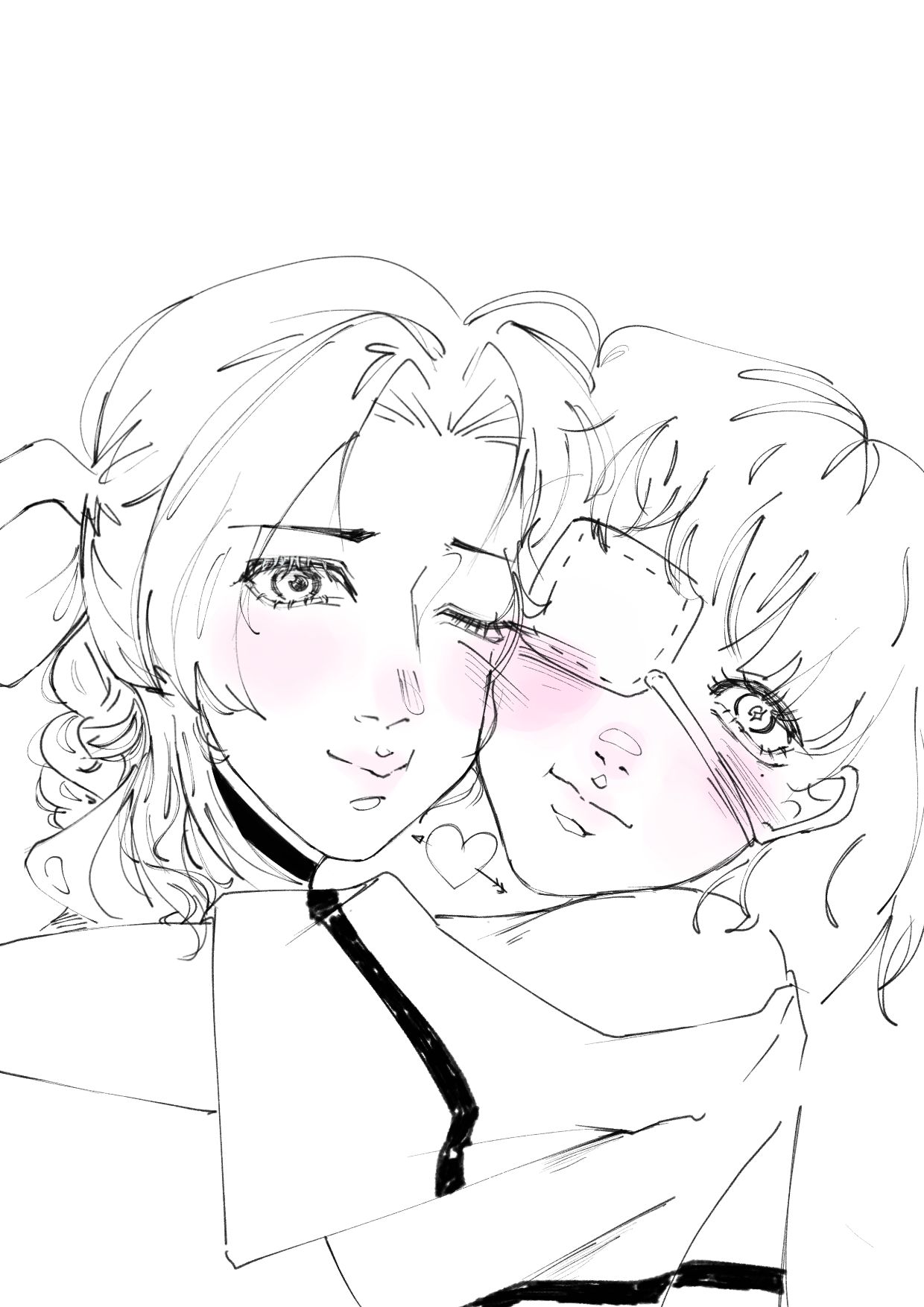 Pencil-line drawing of two figures cheek to cheek, both blushing, one wearing tinted square glasses.