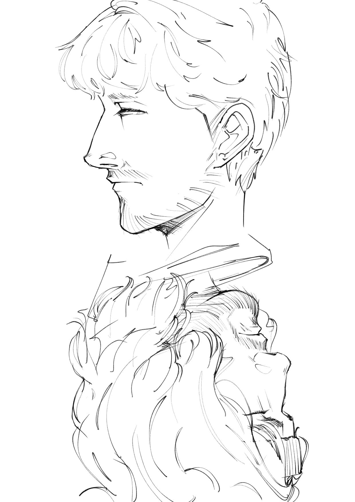Pencil-line drawing of a figure in profile with cropped hair and a bare shoulder, looking down, a mane of hair falling behind.