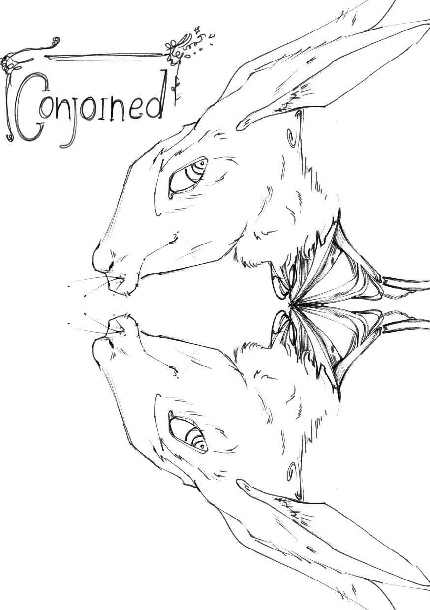 Line drawing of two rabbit heads joined nose to nose in mirror image, hand-lettered "conjoined" at the top.