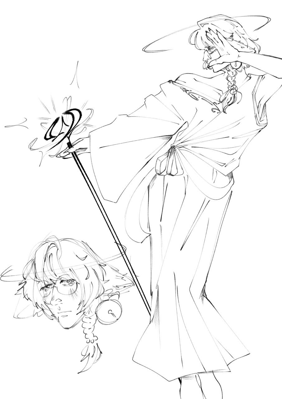 Line drawing of a robed figure in a wide-brimmed hat holding a long staff, with a second smaller face sketched beside them.
