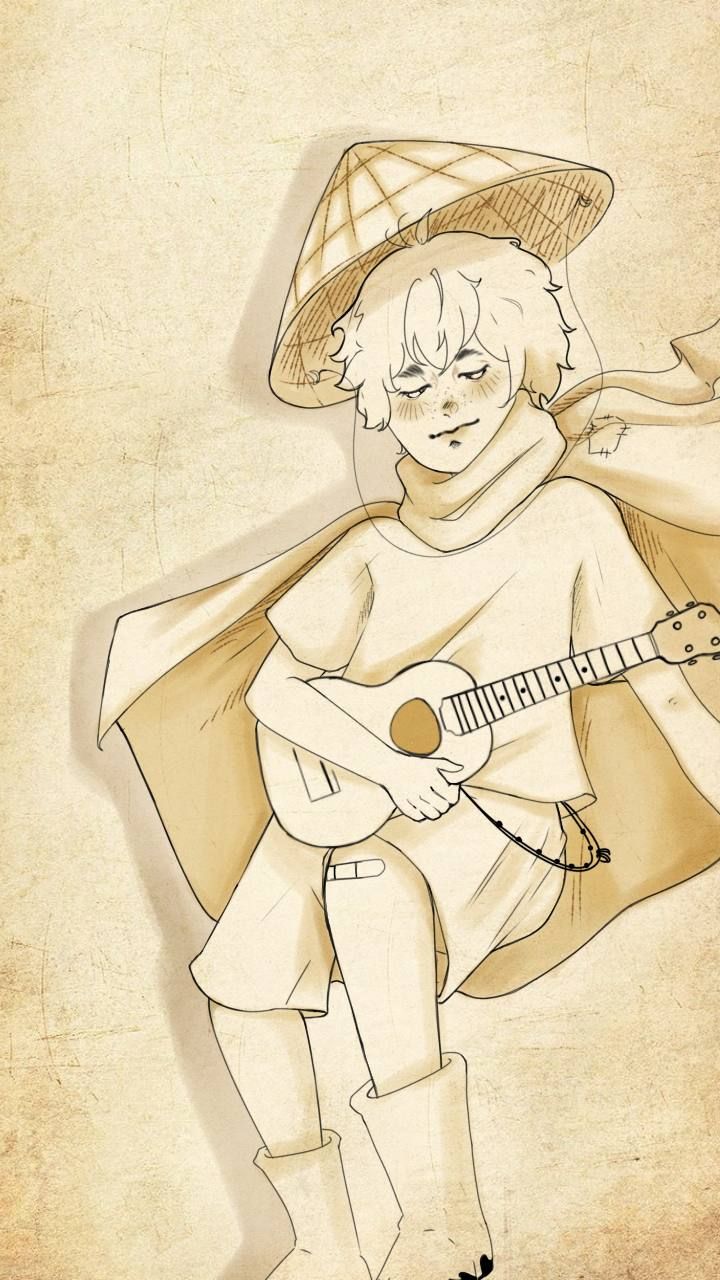 Figure in a woven conical hat and cape playing a small guitar, drawn in sepia on aged paper.