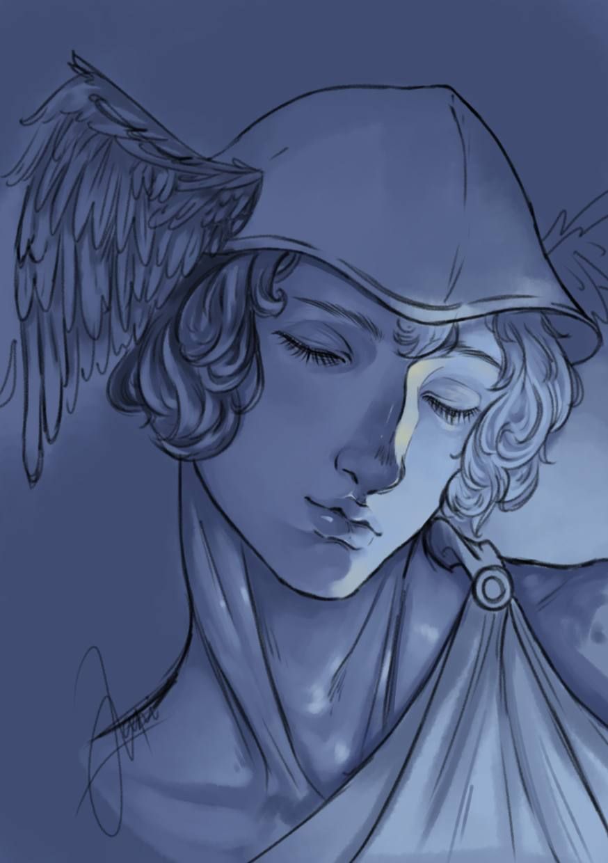 Winged figure in a helmet with eyes closed, head bowed, rendered entirely in dusk blue.