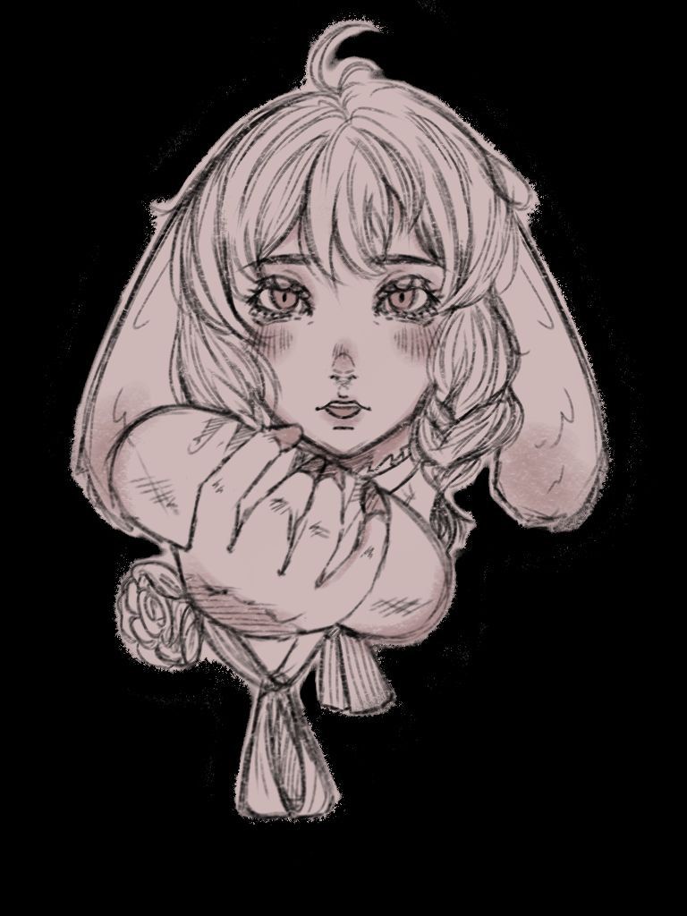 Rabbit-eared figure in a ruffled collar with hands drawn up to the chest, dusty pink on black.