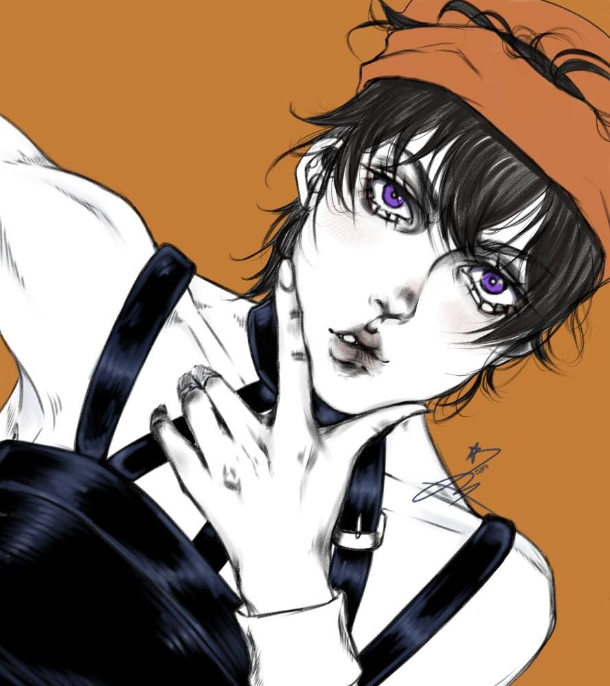 Figure in an orange beanie with violet eyes and black straps, hand raised to the chin, against a burnt orange ground.
