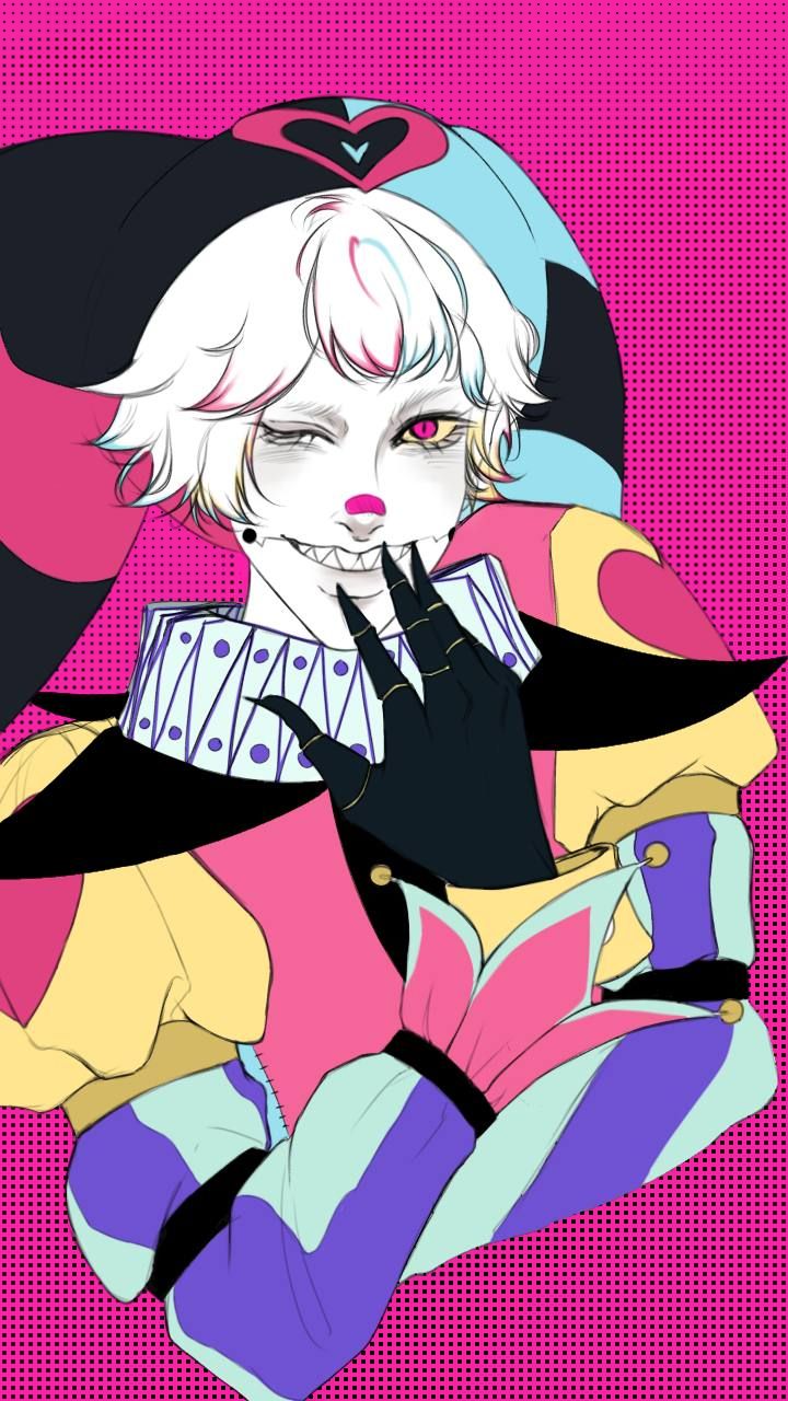 Harlequin figure with white hair and a wide toothy grin, one eye winking, black-gloved hand raised, wearing a patchwork jester collar and suit in yellow, pink and violet, against a magenta halftone ground.