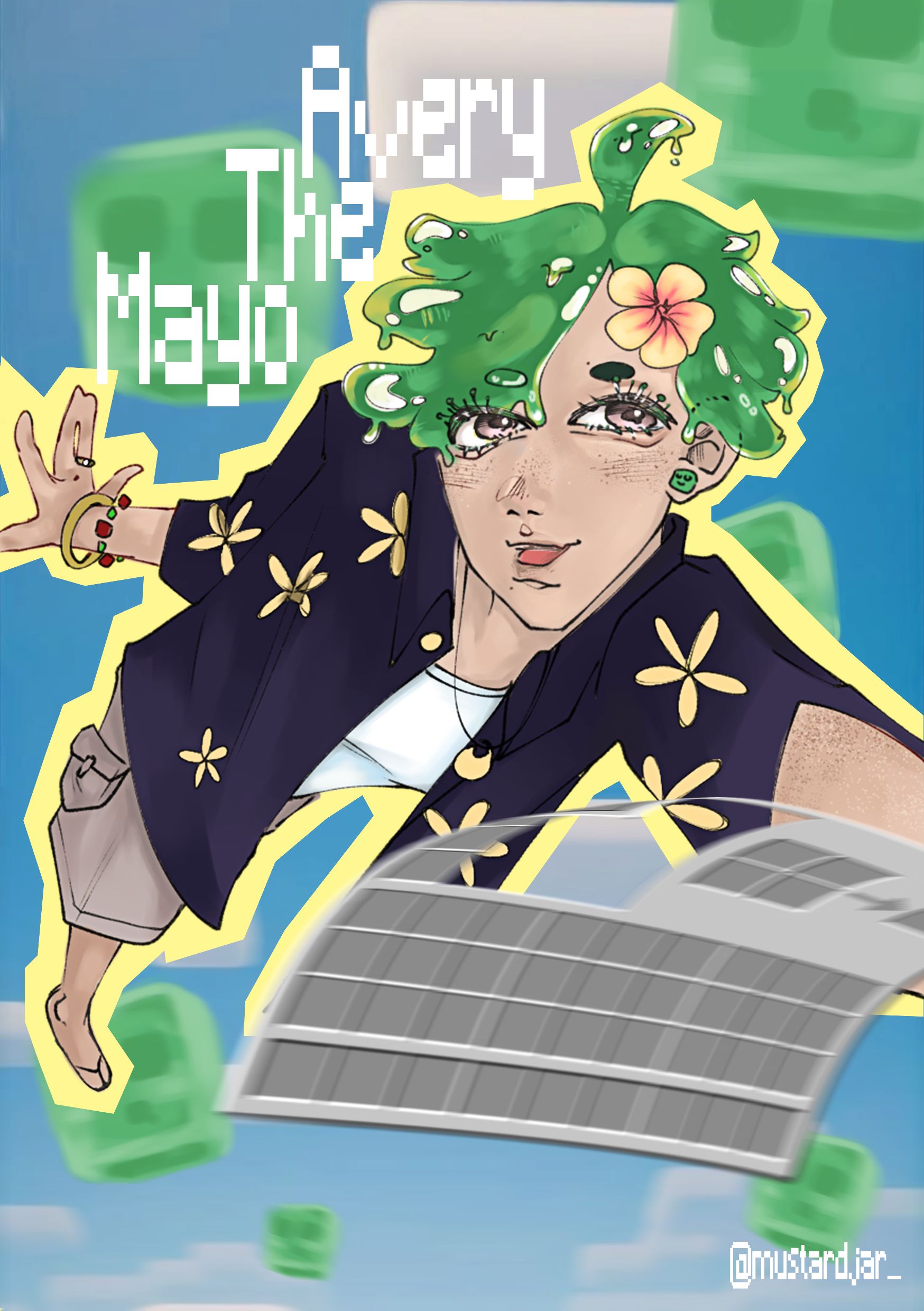 Figure with dripping green hair and a peach flower, wearing a navy jacket patterned with pale yellow daisies, against a blue sky scattered with green blocks.