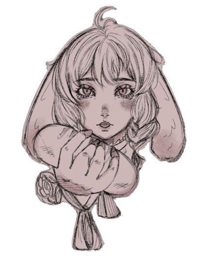 Rabbit-eared figure in a ruffled collar with hands drawn up to the chest, dusty pink on white.