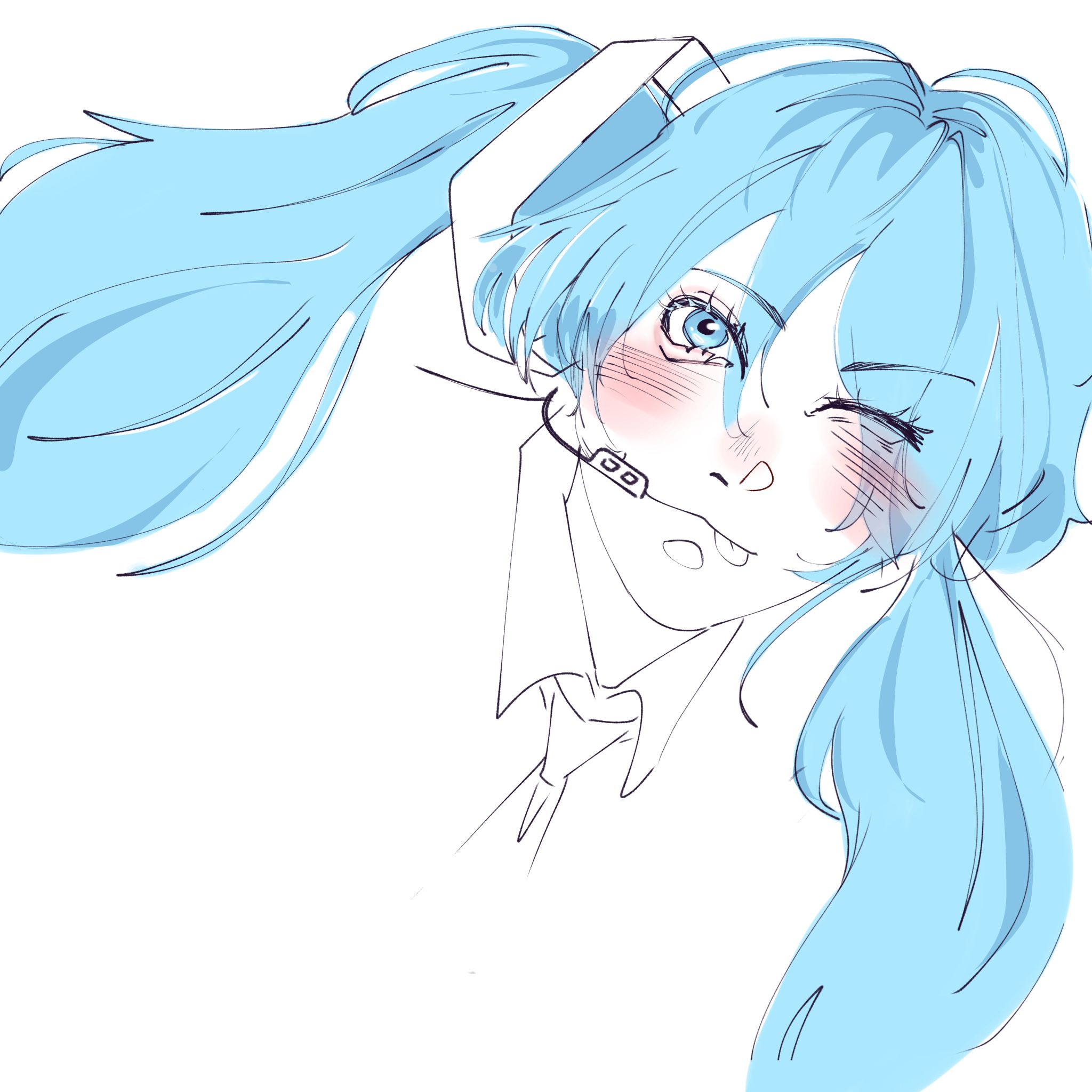 Pale blue line drawing of a figure with long twin ponytails, winking, collar turned up.