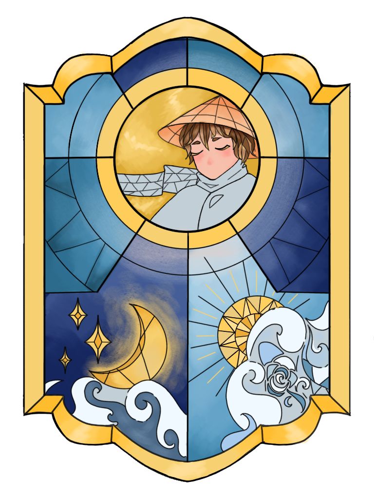 Stained-glass window panel in gold and blue: a figure in a conical hat asleep above a crescent moon, stars and a rising sun in cloud.