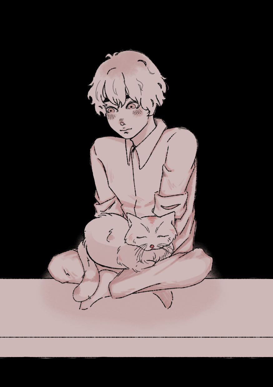 Figure sitting cross-legged with a sleeping fox in their lap, drawn in dusty pink against a black arrow shape.