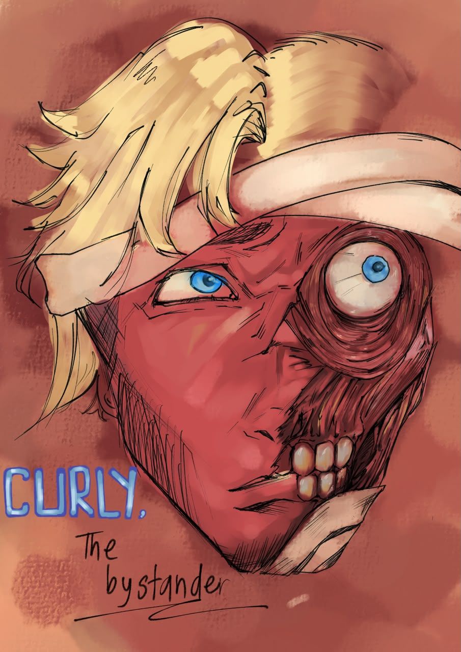 Blond figure with red skin and one bulging blue eye, jaw stripped to the teeth on one side, hand-lettered "curly, the bystander" in the corner.