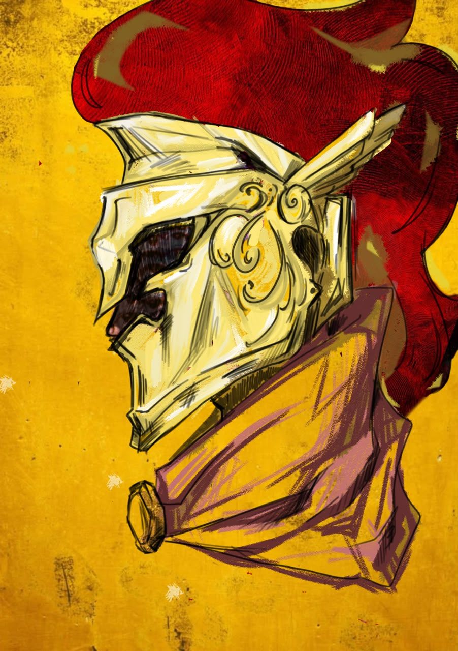 Warrior in profile wearing a cream helmet with scrollwork and a deep red plume, cloak wrapped high at the shoulder, against a mustard-yellow ground.