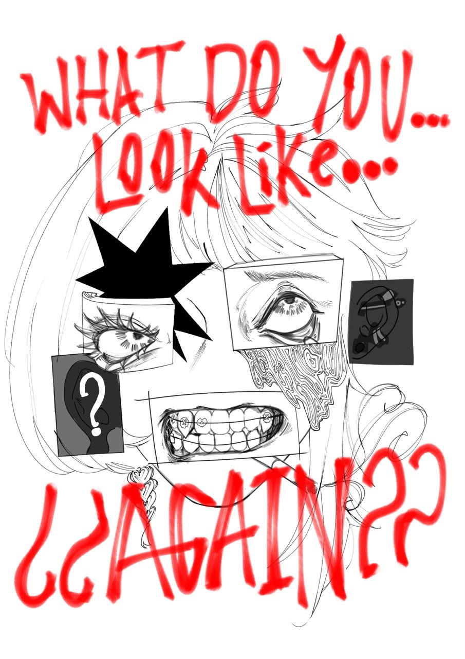 Collage of cut-out eyes, a bared set of teeth and a question mark over a drawn face, overwritten in red brush lettering reading "what do you... look like... again??".