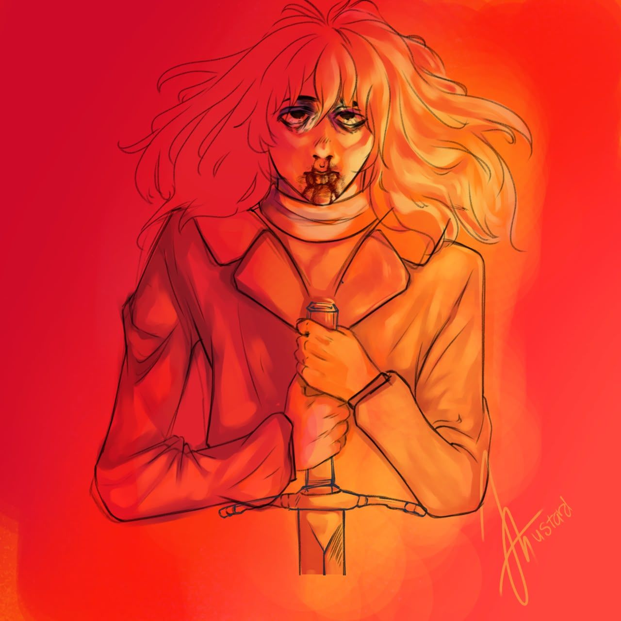 Figure with wind-blown hair holding a sword upright at the chest, blood at the mouth, painted entirely in red and orange.