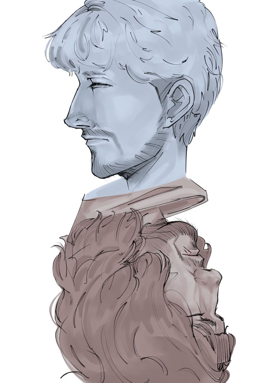 Two figures stacked in profile, a pale blue face above and a brown-haired one below, both with eyes closed.